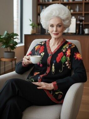 Storybook Knits Black Floral Embroidered Cardigan - Size L